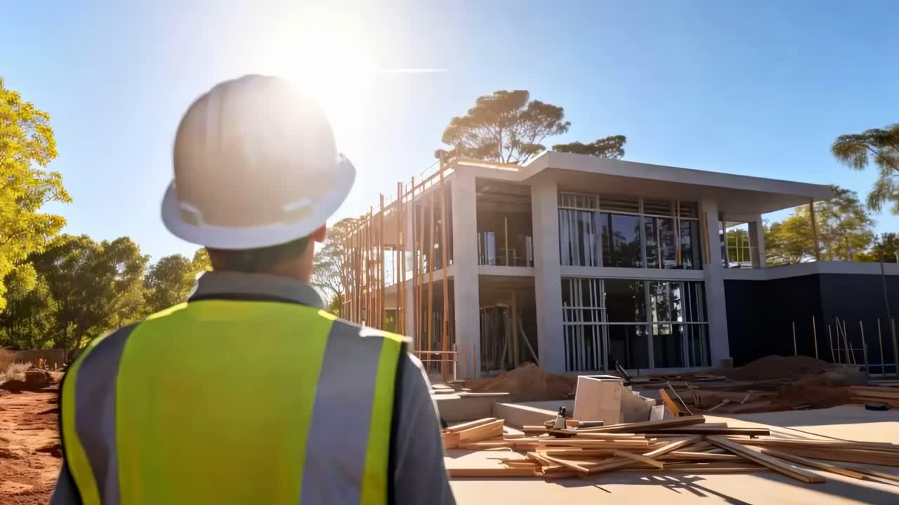 A construction worker in a hard hat and vest observes a modern building site
