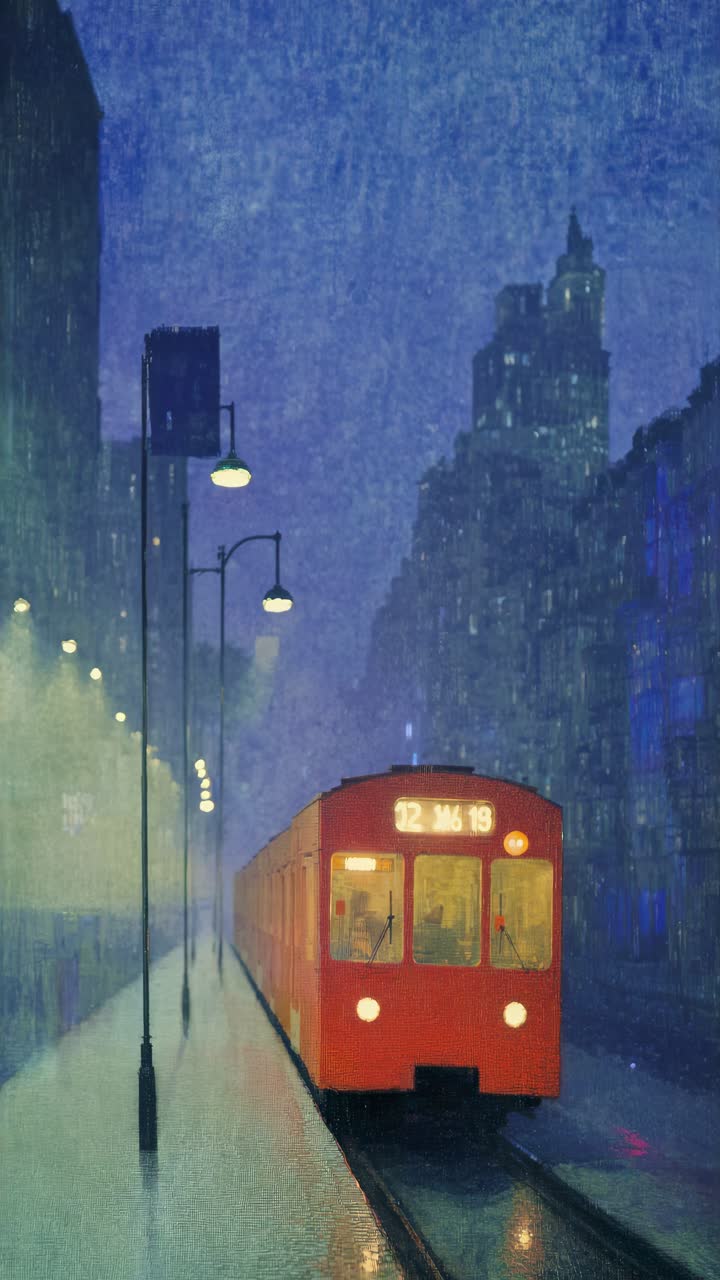 A vintage-style video frame shows a red train at night, captured from a low angle, highlighting city