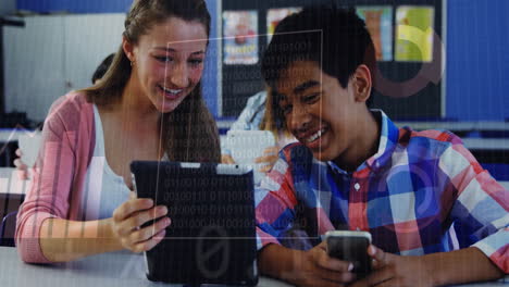 binary code animation over students using tablet and smartphone in classroom