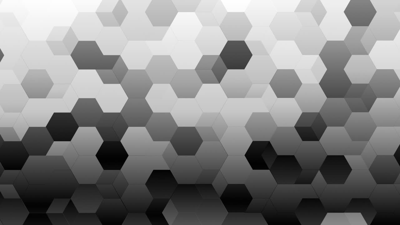 Loopable abstract monochrome background featuring a pattern of overlapping hexagonal shapes in honeycomb pattern, geometric polygons with a smooth grayscale gradient transition