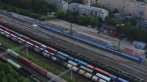 aerial view of a freight train station in a city