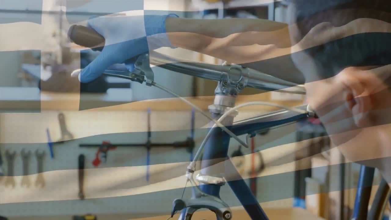 그리스의 발을 흔들고 있는 카우카시안 자전거 메카닉이 자전거 브레이크를 확인하는 애니메이션