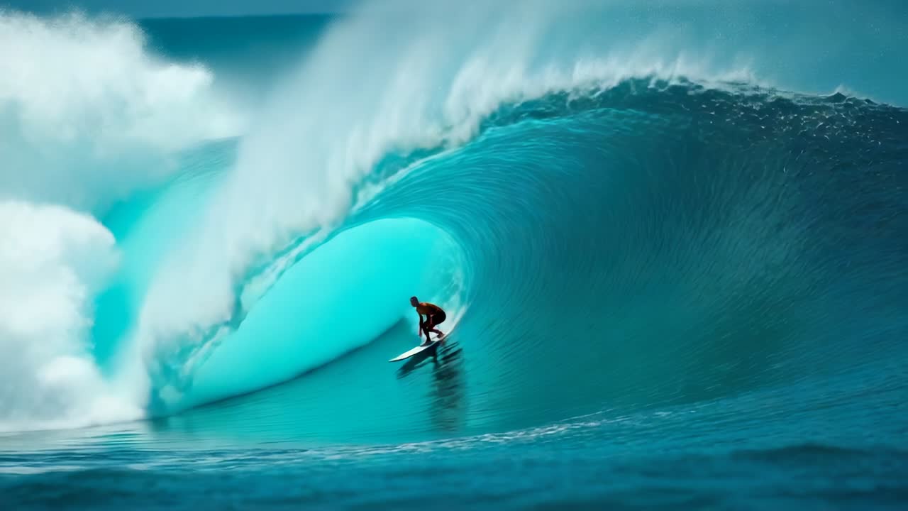 Spotting curling wave as surfer dropping down at reef break, navigating board through barrel tube