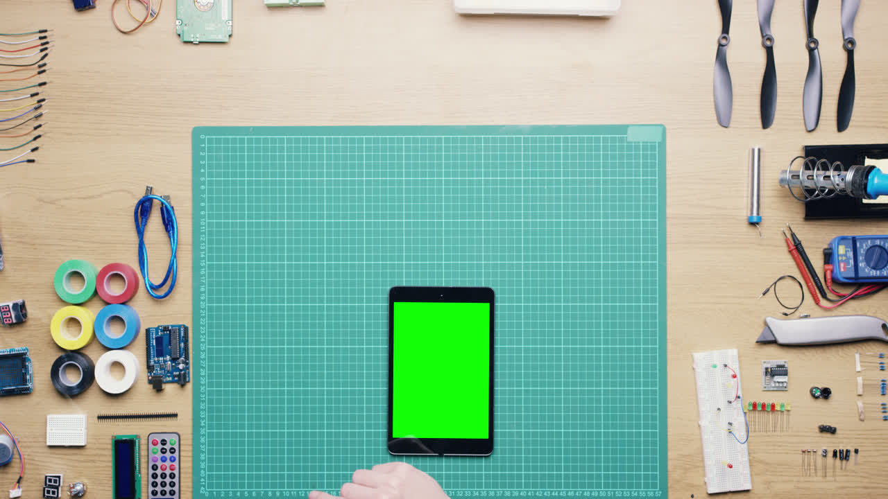 위에서 테크니션의 손이 책상에서 일하는  ⁇  - 빨간 서사시 드래곤