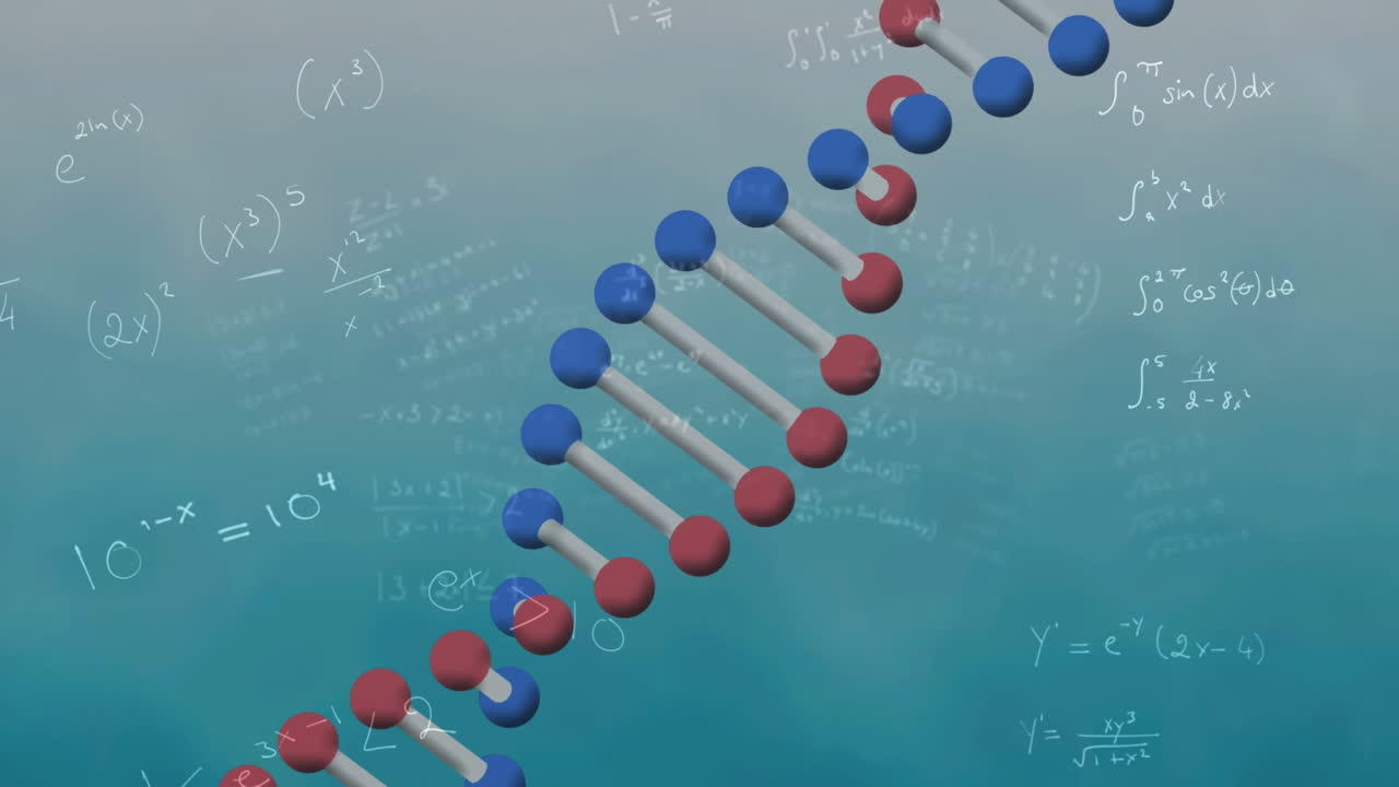 animación del procesamiento de datos y la cadena de adn en fondo azul