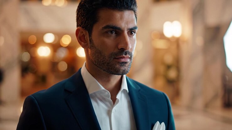 Um homem contemplativo em traje formal olha intensamente, exibindo um momento de reflexão e elegância em um ambiente interior luxuoso com iluminação suave.