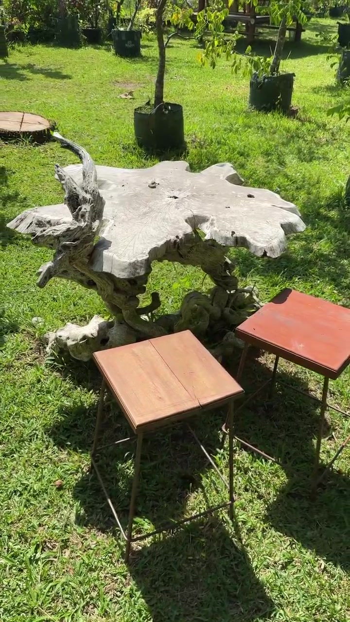 Tavolo e sgabelli rustici in legno in un giardino soleggiato