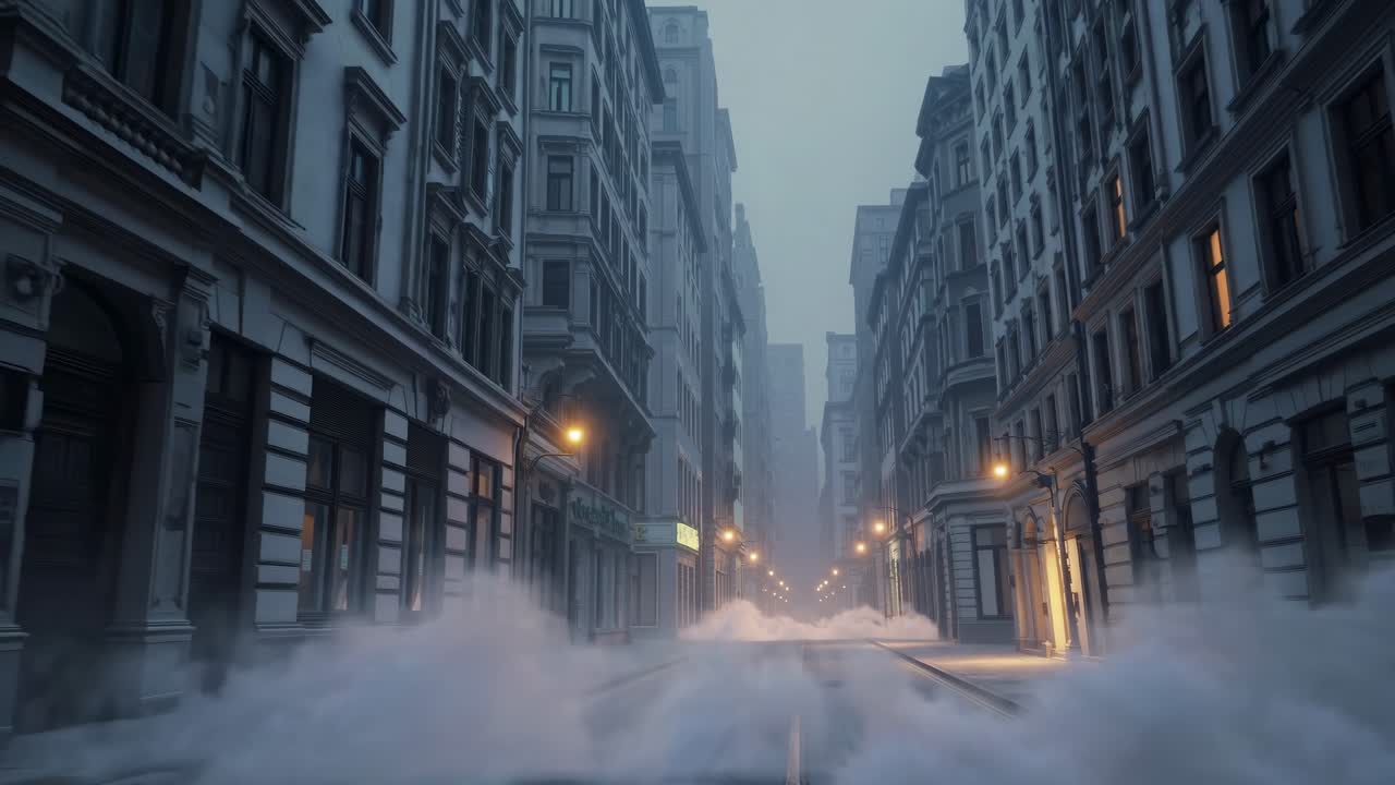 Street lamps glowing softly through dense fog, illuminating narrow urban passage between shadowy buildings during early morning stillness, creating mysterious atmospheric landscape