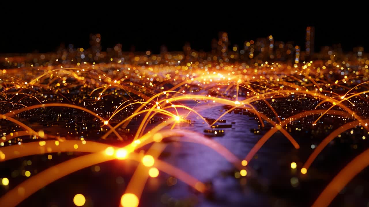 A Stunning Visualization of Global Connectivity and Data Transmission Over Cities, Showcasing the Interconnectedness through Illuminated Networks of Light Across a Digital Landscape