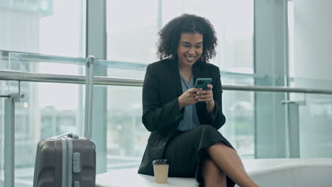 phone, smile and a business woman in an airport