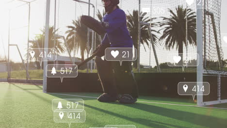 practicing field hockey, goalie with animation of social media notifications overlay