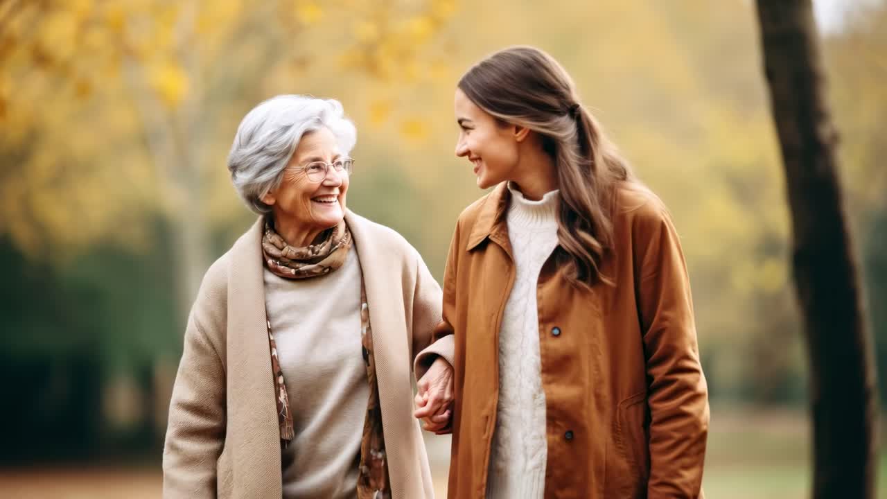 Warm, candid video scene of a smiling elderly woman and young woman walking in a park Shot at eye