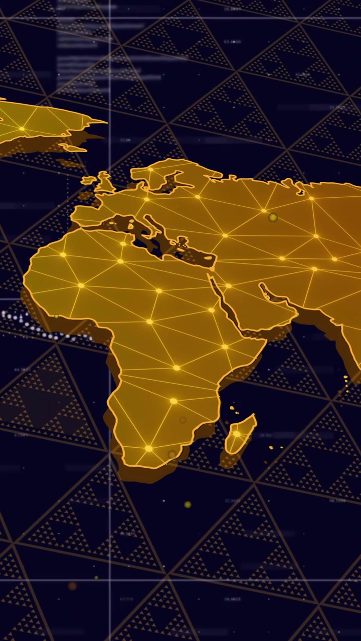Mappa del mondo con animazione di connessioni di rete su sfondo geometrico scuro