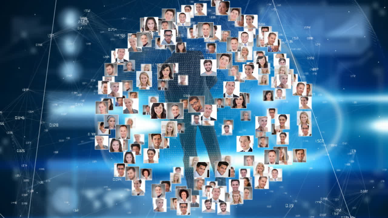 디지털 네트워크 연결을 통해 지구 모양을 형성하는 다양한 얼굴의 콜라지 애니메이션