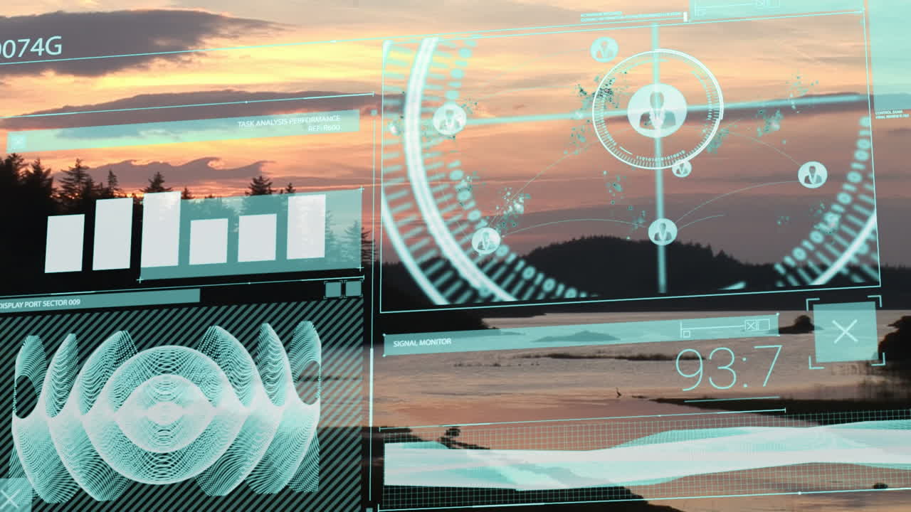animación de la interfaz gráfica infográfica que se mueve sobre la vista panorámica del mar y las montañas al atardecer