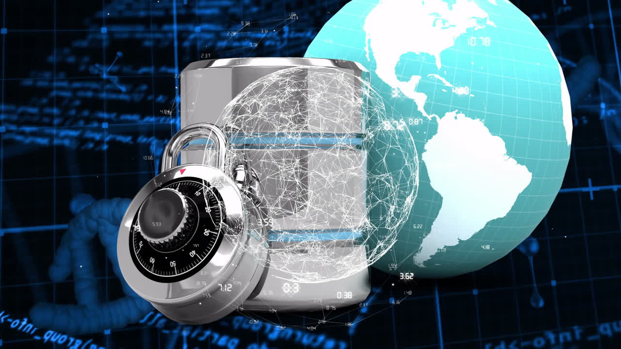 Animation of digital network with lock and globe representing data security