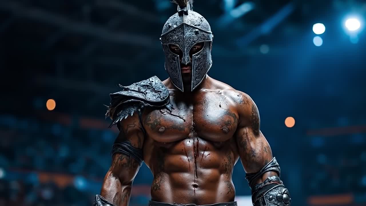 A man in a spartan costume standing in front of a crowd