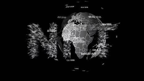 animation of data processing with globe over nft text on black background