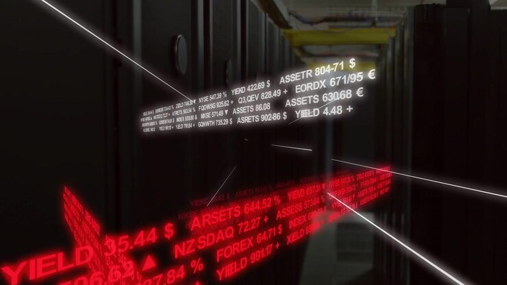 White ticker appearing white and red bands translating, camera moving deeper showing market flow
