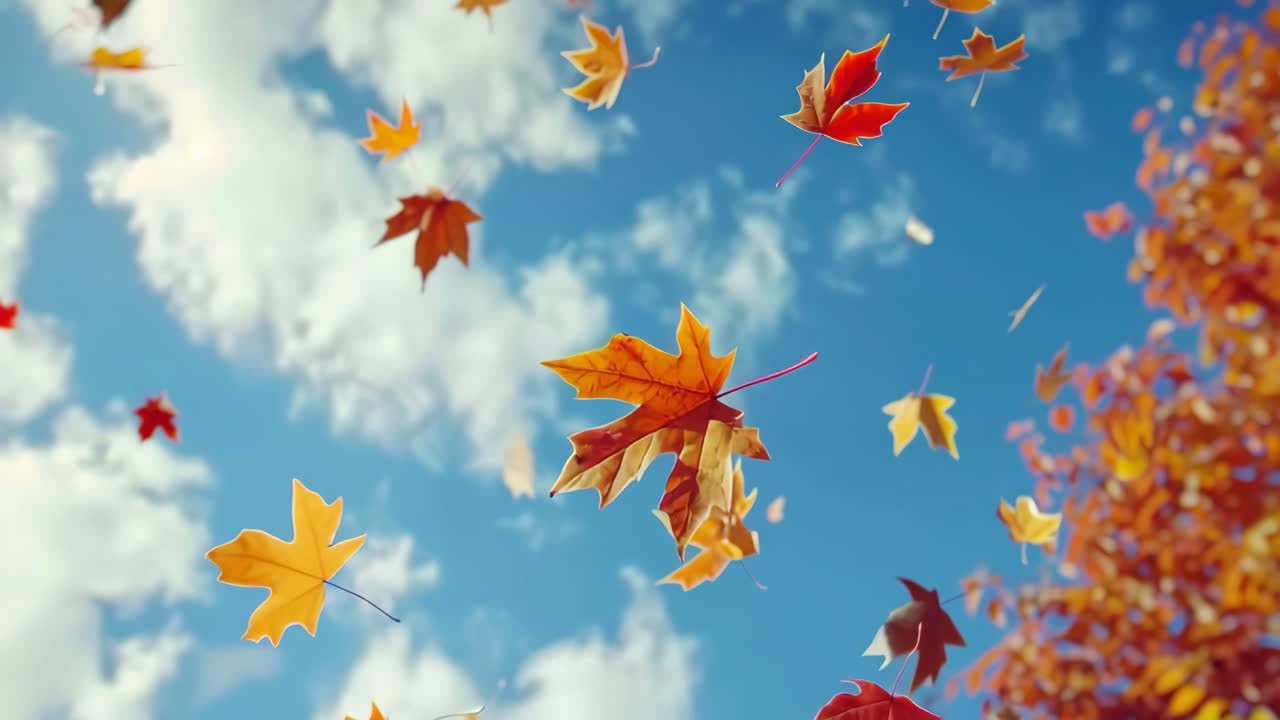 A serene video captures autumn leaves falling against a blue sky