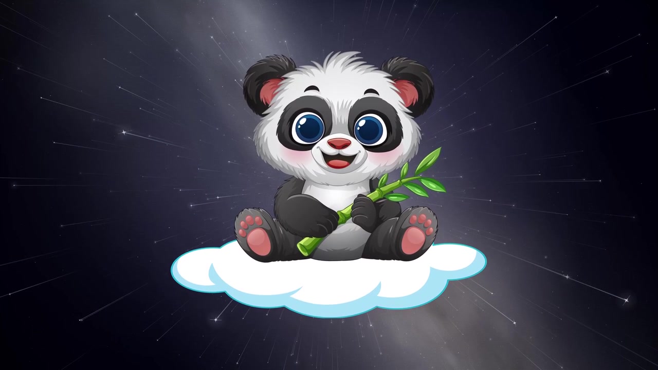 Panda cucciolo animato che tiene il bambù, seduto su una nuvola che fluttua in un cielo notturno stellato