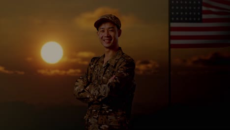 smiling soldier in uniform at sunset