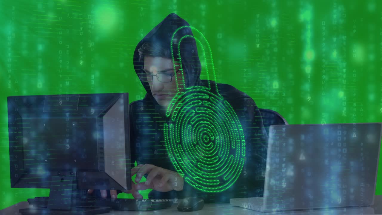 procesamiento de datos de seguridad cibernética sobre un hacker masculino usando portátil y computadora contra pantalla verde