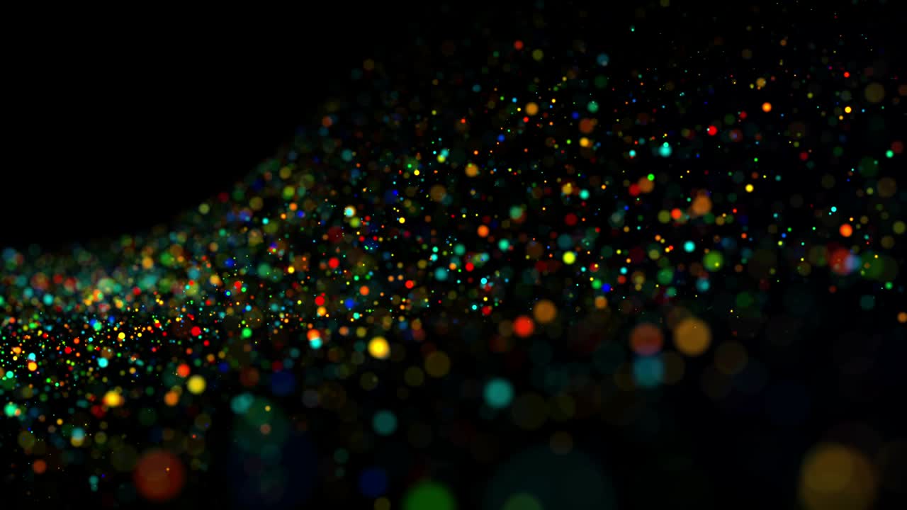 multicolored particles in liquid float and glisten. 4k 3d advection background with glittering particles, depth of field and bokeh isolated on black. Luma matte to cut out particles. 12