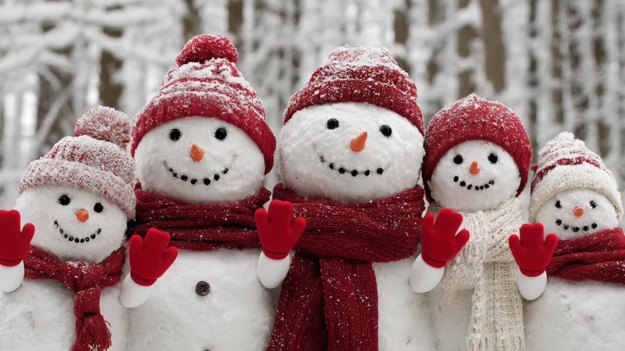 A Cheerful Family of Snowmen Surrounded by Winter Wonderland, Embracing the Joy of the Season with Warm Hats, Scarves, and Friendly Smiles in a Snowy Forest