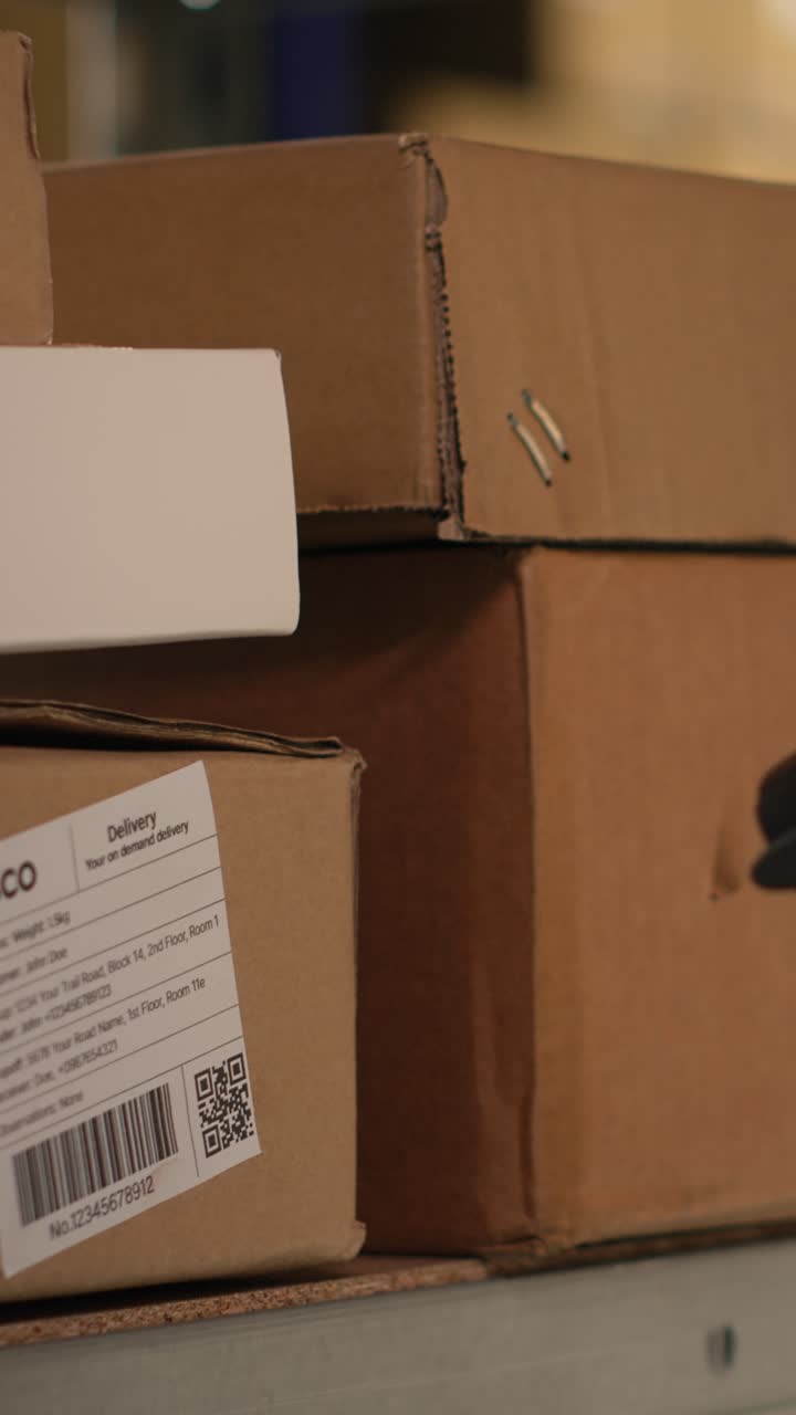 Vertical Video Young man using scanner on boxes barcodes tags in fulfillment center