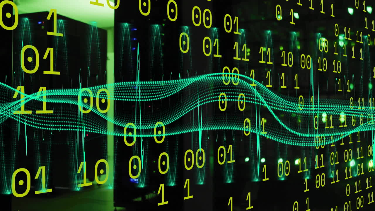 Binary code and digital wave animation over cityscape at night