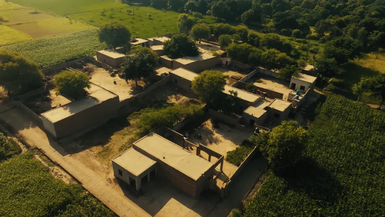 Beautiful forward aerial drone clip ending in a downward tilt over a house compound in Shujabad village, Punjab, highlighting lush green fields dedicated to farming and agriculture
