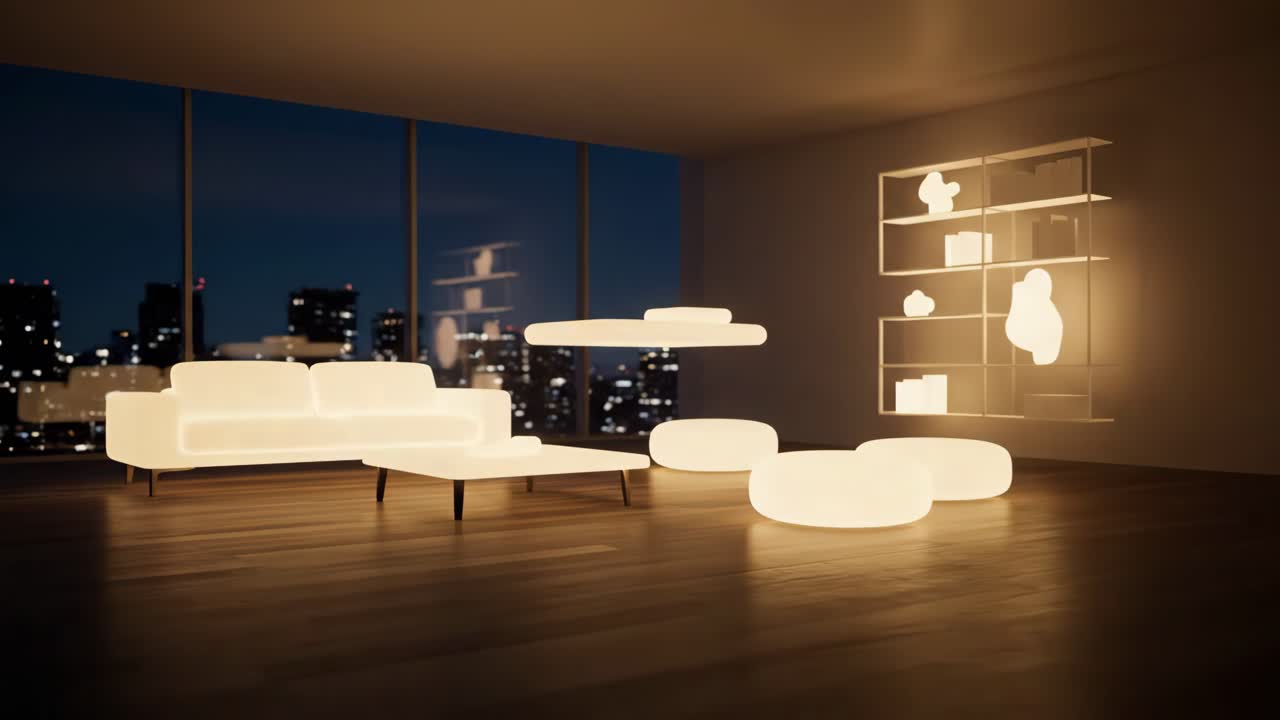 Modern Living Room with Illuminated Furniture at Night