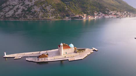 beautiful church islands of perast, aerial panorama during golden hour, montenegro