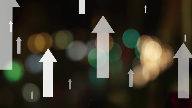 Animation of multiple up arrows over blurred vehicles moving on street in city