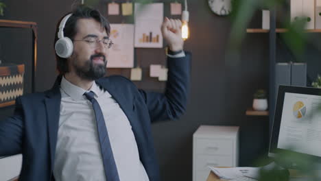 businessman relaxing at his desk with headphones