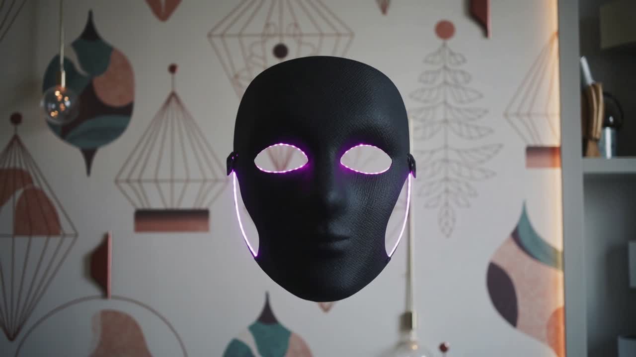 壁紙のある部屋で、光る黒いマスクがLEDリングを点灯させながら、回転したり揺れたりしている。