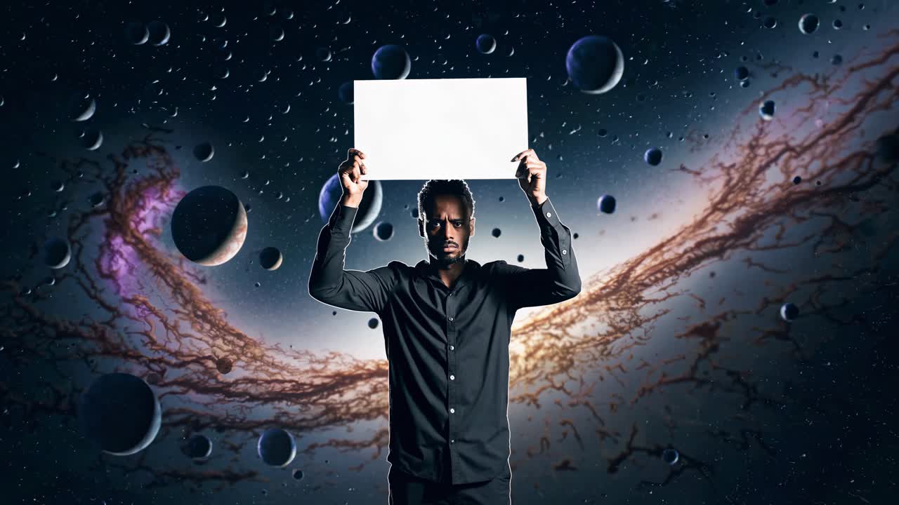 Man Holding Blank Sign in Space