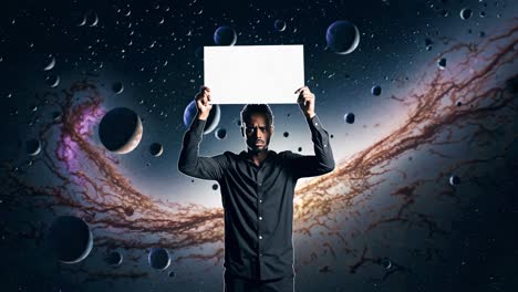 man holding blank sign in space