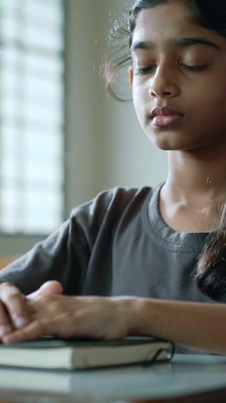 Vertical video: Pulling camera back girl smoothing journal at desk in gray tee preparing to write