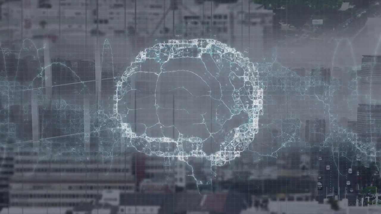 Animation of spinning brain over cityscape