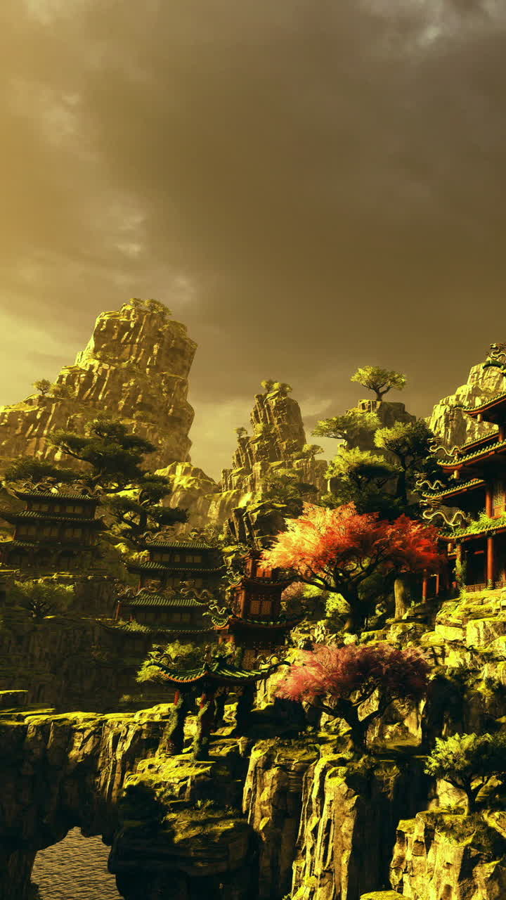 Majestic landscape of ancient mountains with vibrant trees at sunset