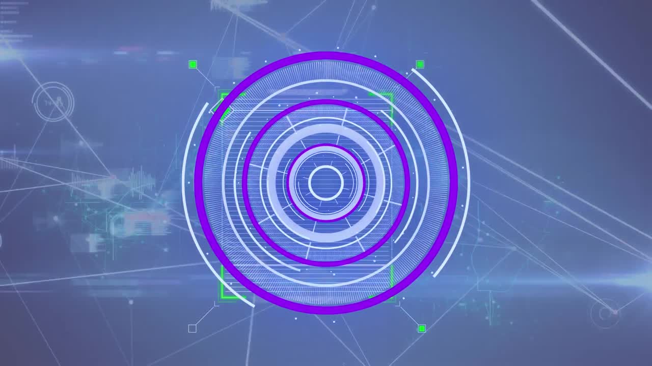 animación del escáner redondo de neón, la red de conexiones y el procesamiento de datos contra un fondo azul.