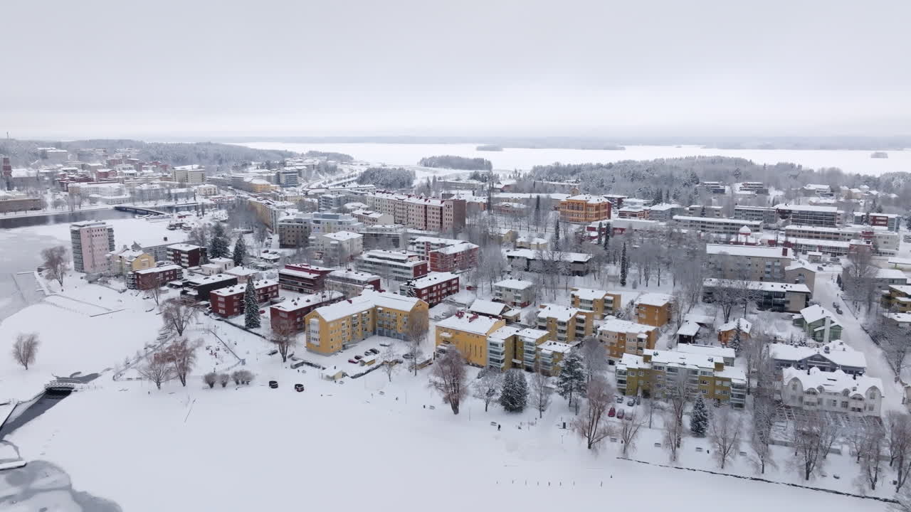 Panoramic drone shot circling the cityscape of Savonlinna, winter day in Finland