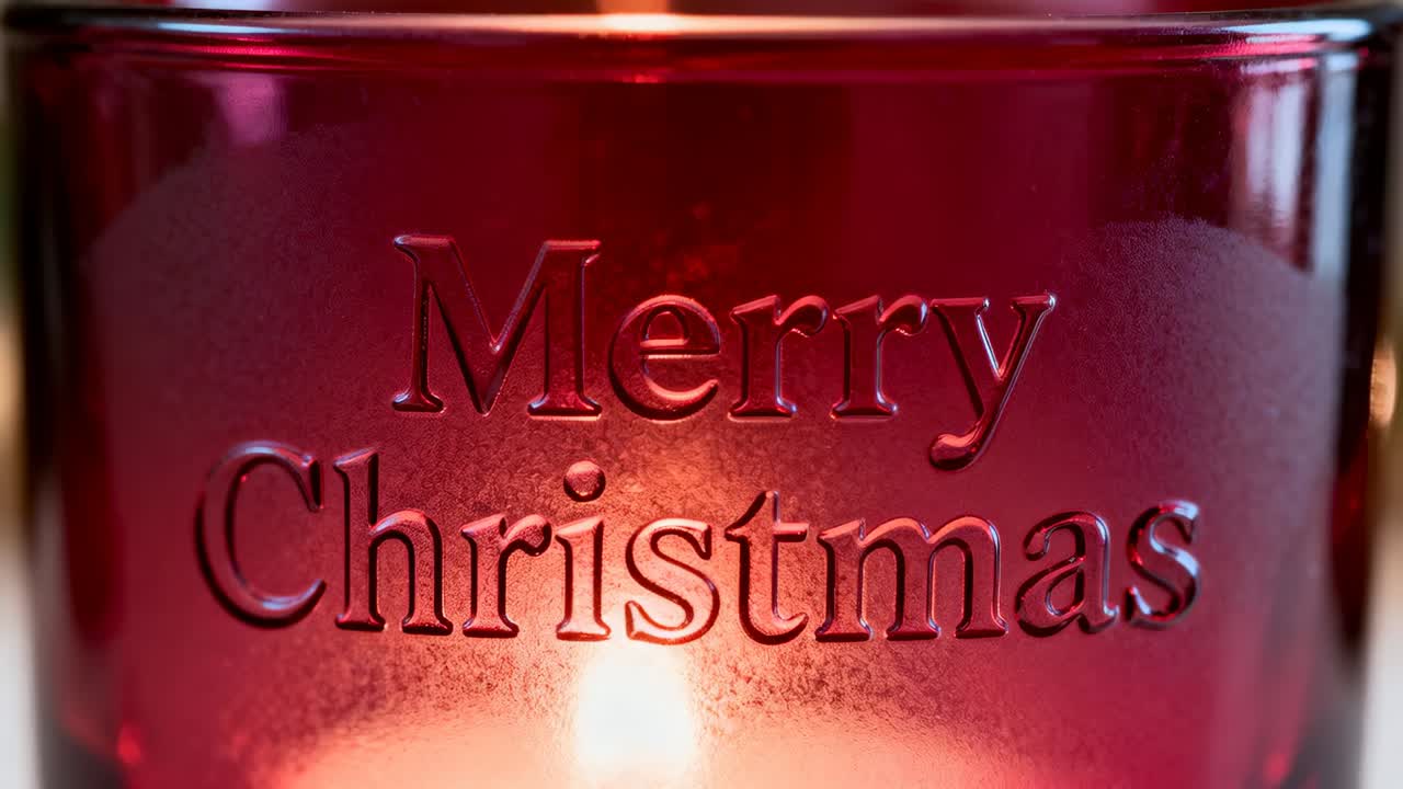 Dancing candle flame in subtle draft inside red holder on table, revealing Merry Christmas text