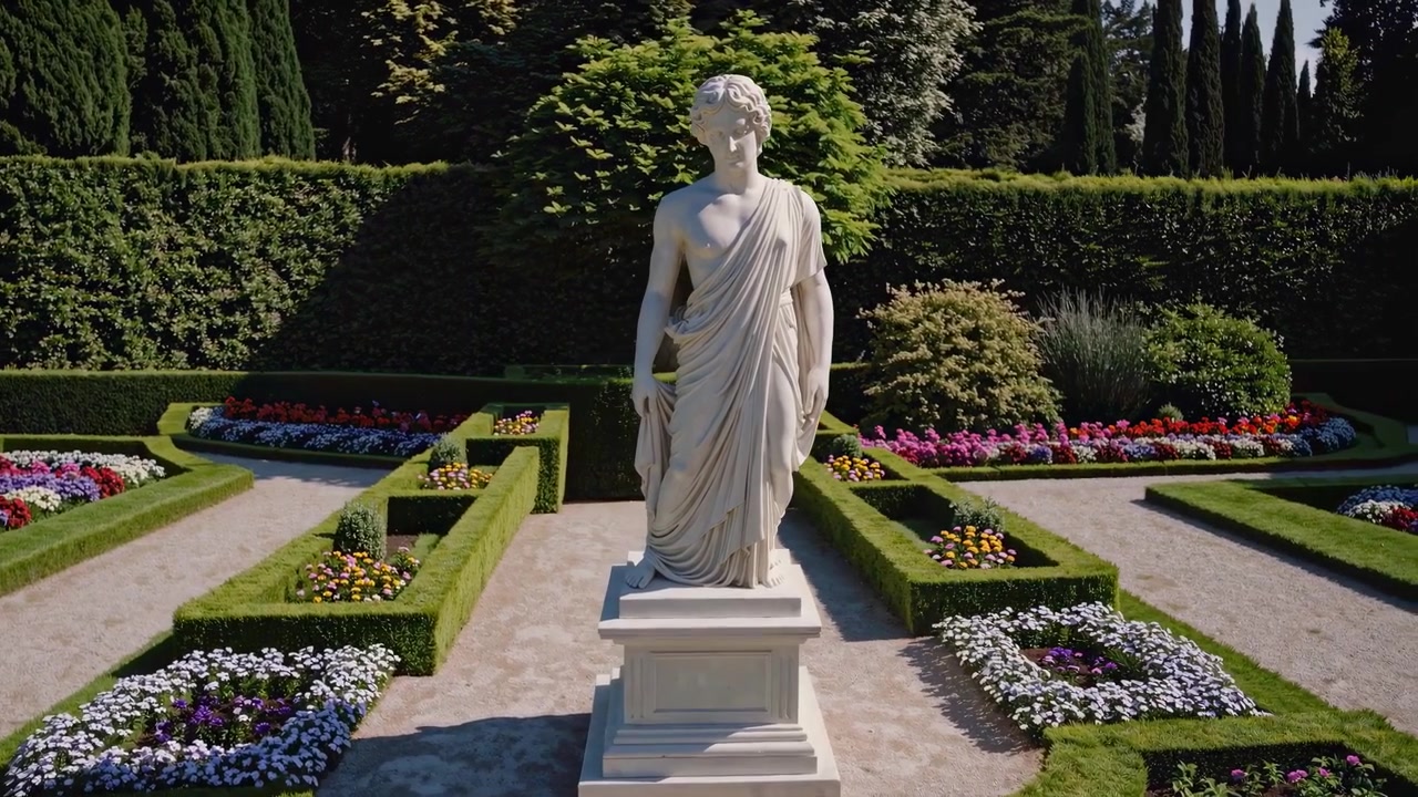 Statua classica in un giardino formale splendidamente curato