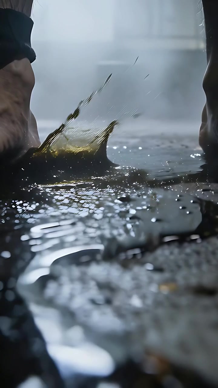 Vertical video: Walking bare feet in ankleband hitting puddle on concrete, making splashes, ripples