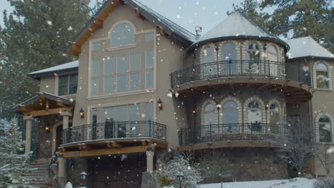 heavy winter snowfall outside luxurious large mansion stylish exterior design