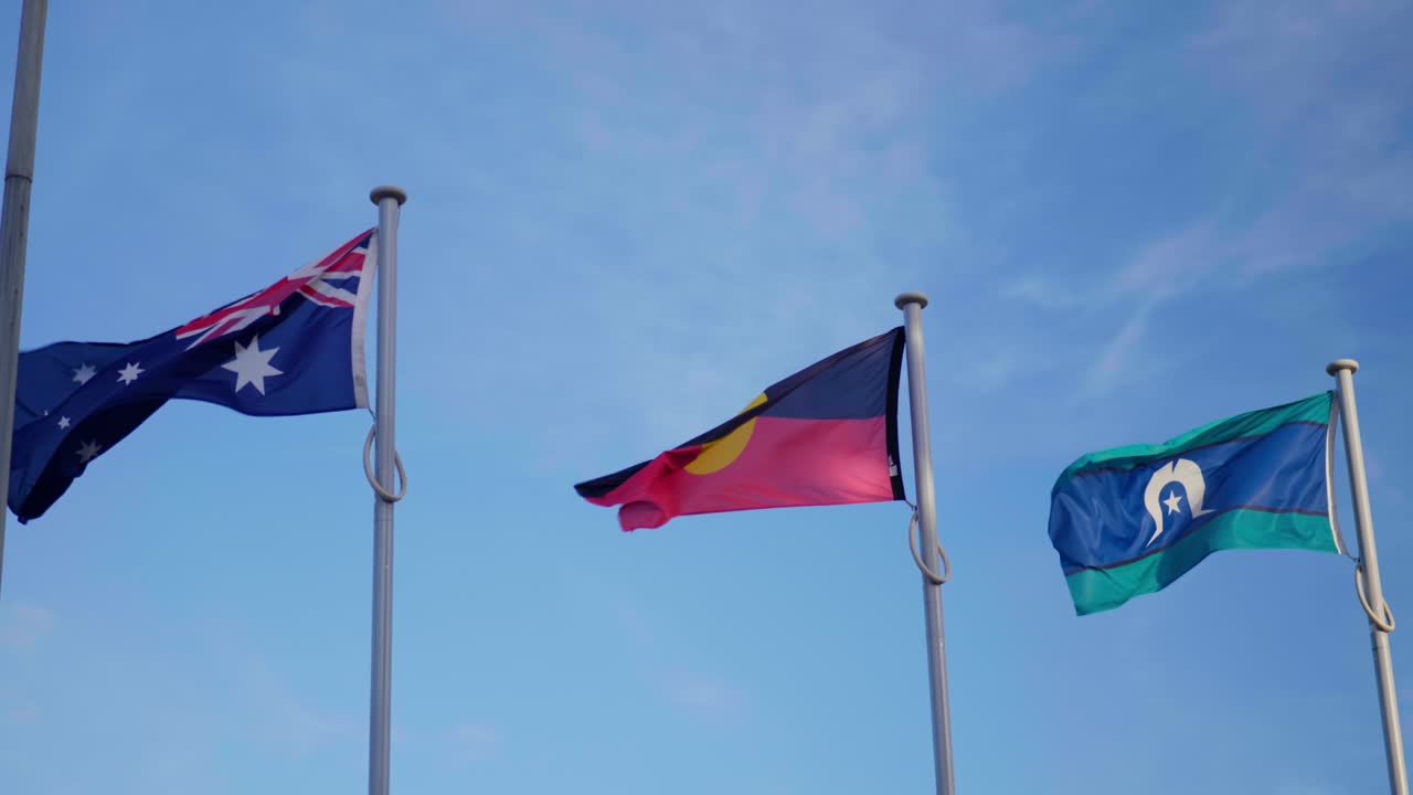 Australian, Aboriginal, and Torres Strait Islander flags waving, showcasing culture, heritage, and identity in a colorful and symbolic display
