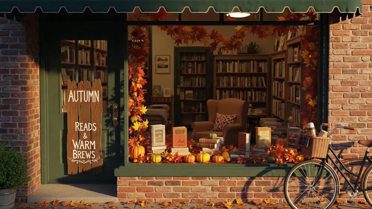 Cozy Autumn Bookstore Display with Colorful Leaves and Warm Brews Inviting Readers to Enjoy a Comfortable Reading Experience During the Fall Season